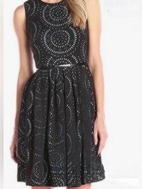 Calvin Klein Laser Cut A-Line Dress. Black Teal